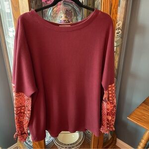 Belle by Kim Gravel Boho Burgundy Waffle Knit Top with Printed Sleeves XL